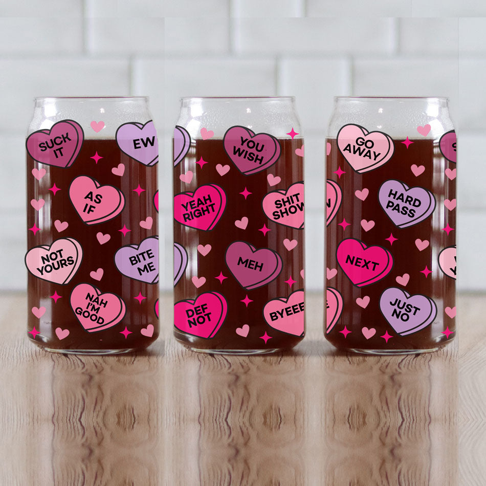 Single women’s Valentine’s Day glass cup gift.
Funny Valentine’s Day glass cup with quirky designs.